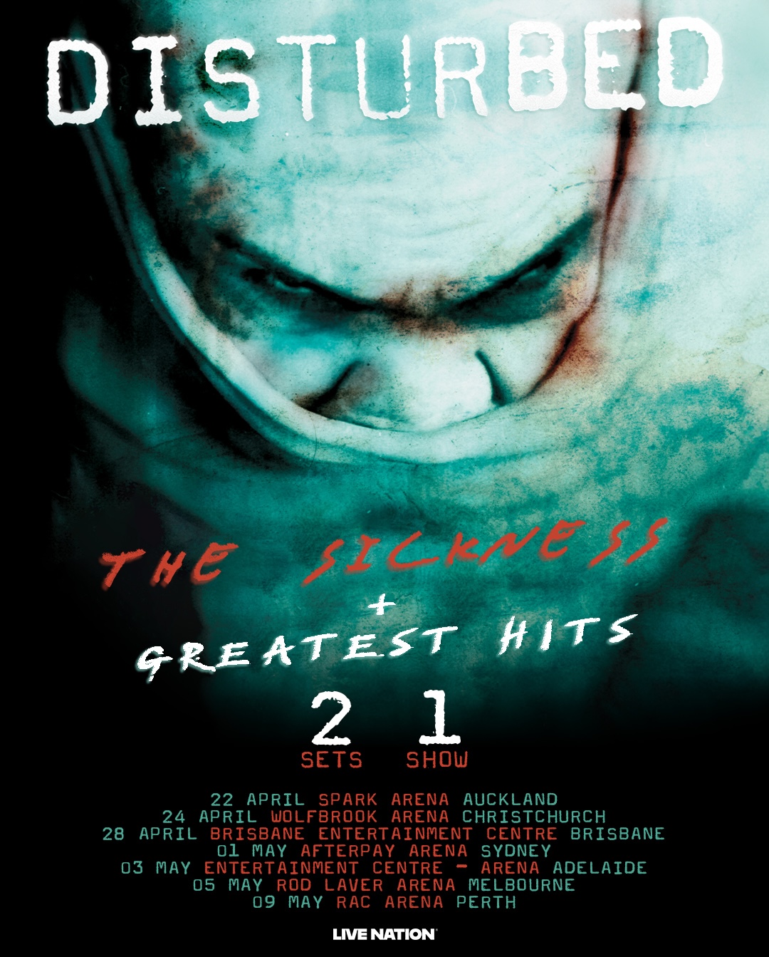 Disturbed tour poster for The Sickness and Greatest Hits Australia and New Zealand concert dates.